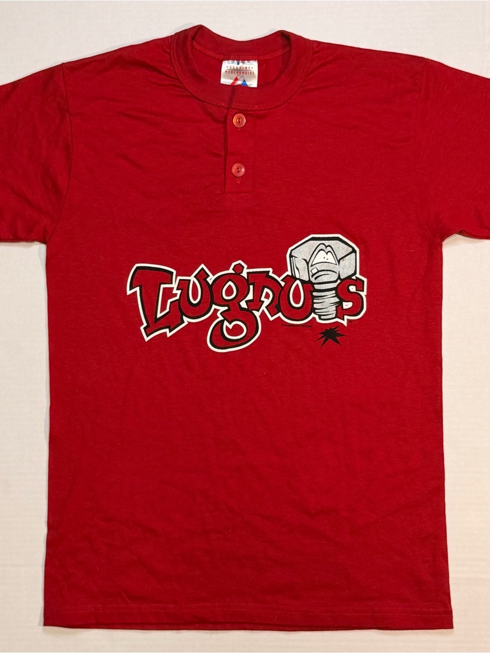 Majestic Lugnuts MLB Red Henley Baseball Tee with Graphic Logo